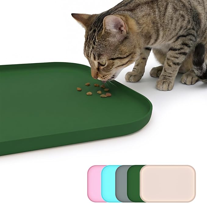 BLESWIN Non-Slip Silicone Dog Food Mat for Food and Water, 18" x 12" Raised Edge Pet Feeding Mat - Waterproof Dog Bowl Mat Easy Clean for Floor Protector,Dark Green