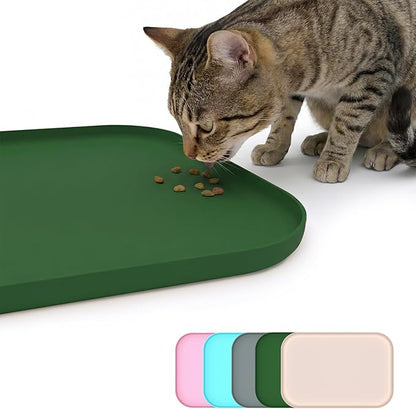 BLESWIN Non-Slip Silicone Dog Food Mat for Food and Water, 18" x 12" Raised Edge Pet Feeding Mat - Waterproof Dog Bowl Mat Easy Clean for Floor Protector,Dark Green