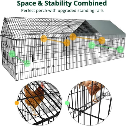 PawGiant Chicken Coop, Chicken Run Pen for Yard with Cover Outdoor Metal Portable Chicken Tractor Cage Enclosure Crate Outside for Small Animals Duck Rabbit Hen 130"×40"×40"