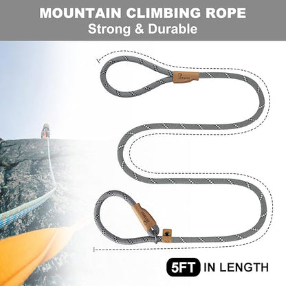 5 FT Slip Lead Dog Leash, Heavy Duty Rope Leash for Small Medium Large Dogs, No Pull Training Lead with Reflective Thread, Strong Comfortable Loop Leash (Grey Stripe, Medium(3/8"))
