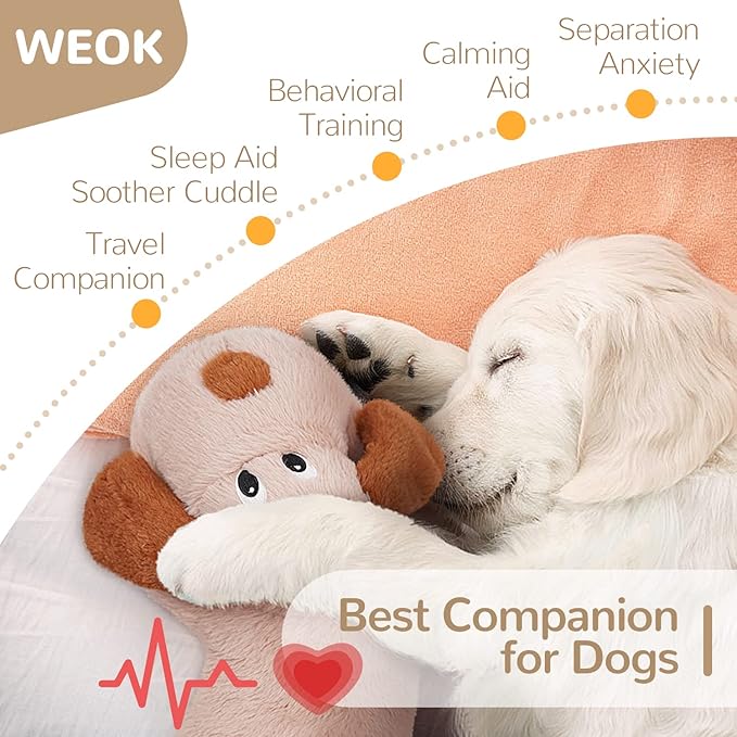 WEOK Puppy Heartbeat Toy, Dog Heartbeat Toy for Separation Anxiety Relief, Puppy Toy with Heartbeat Stuffed Animal Anxiety Calming Behavioral Aid Plush Toy for Dogs Cats Pets (Brown +)