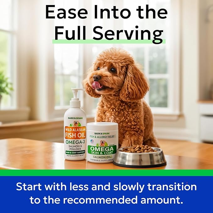 BARK&SPARK Omega 3 + Fish Oil for Dogs - Skin Allergy Chews, Itch Relief, Hot Spots Treatment - Fish Oil Liquid Supplement for Pets, EPA+DHA Fatty Acids, Skin & Coat Support - Bundle: 180 Ct + 16 Oz