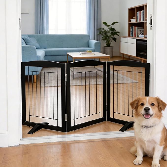 ZJSF Freestanding Dog Fence Indoor, Foldable Dog Gate for Doorways, Stairs or Hallways, Sturdy Wood Extra Wide Pet Gate with Support Feet for The House, Black, 24 "Height-3 Panels