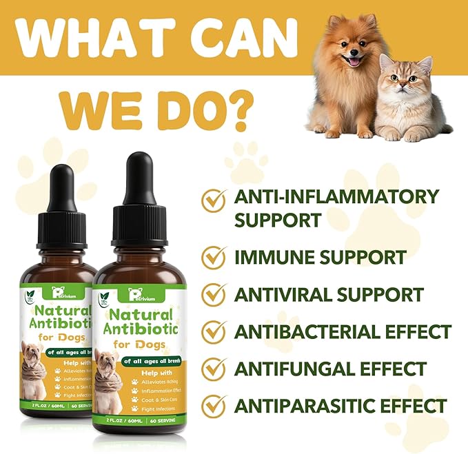 Dogs Antibiotics for Infection Coughs, UTIs, Allergies, Itching - Natural Antibiotics Supplement Drops for Cats to Support Digestion and Urination | Skin & Coat | All Breeds & Ages | 2 Oz