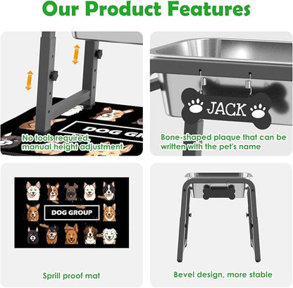 2 Gallon Elevated Dog Water Bowl, ADENGL Height Adjustable (10.4–15.2'') Raised Stainless Steel Bowl with Spill-Proof Mat & Sturdy Metal Stand, Tip-Proof, Easy to Clean, Indoor & Outdoor Use