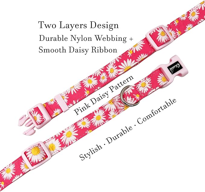 Dog Collar Leash Set, Floral Pattern, Nylon Webbing Plus Cotton Ribbon, 5ft Matching Leash, for Small Dogs.(S, Pink Daisy)