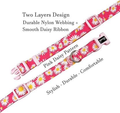 Dog Collar Leash Set, Floral Pattern, Nylon Webbing Plus Cotton Ribbon, 5ft Matching Leash, for Medium Dogs.(M, Pink Daisy)
