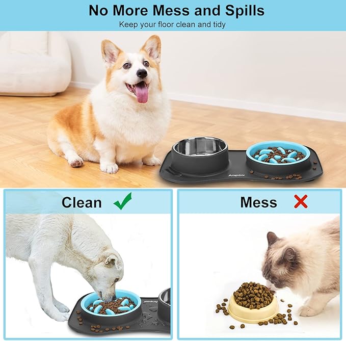 Anipaw Slow Feeder Dog Bowls 3 in 1 Stainless Steel Food and Water Bowls with Non-Spill and Skid Silicone Mat to Slow Down Eating for Large Medium Small Breed Size Dogs and Cats