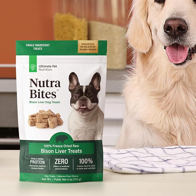 ULTIMATE PET NUTRITION Nutra Bites Freeze Dried Raw Single Ingredient Training Treats Food Topper for Dogs, 4 Ounces, Bison Liver