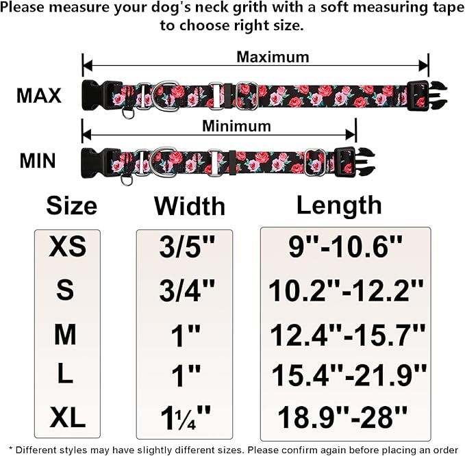 Martingale Collar for Dogs Pink Floral Dog Collars for Small Dogs with Buckle Girl Female Soft Nylon Dog Collar (Black Pink Rose, S)