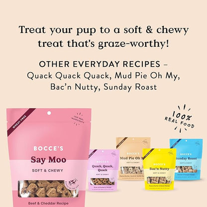 Bocce's Bakery Oven Baked Say Moo Treats for Dogs, Wheat-Free Everyday Dog Treats, Made with Real Ingredients, Baked in The USA, Natural Soft & Chewy Cookies, Beef & Cheddar Recipe, 6 oz