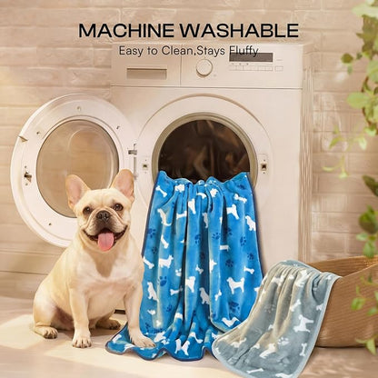 Luciphia 1 Pack 3 Dog Printed Fleece Pet Blankets Washable，Soft Warm Throw Covers for Crate Couch Bed，Cozy Puppy Essentials for Dogs and Cats， Blue/Grey/Khaki, Medium (30x20)