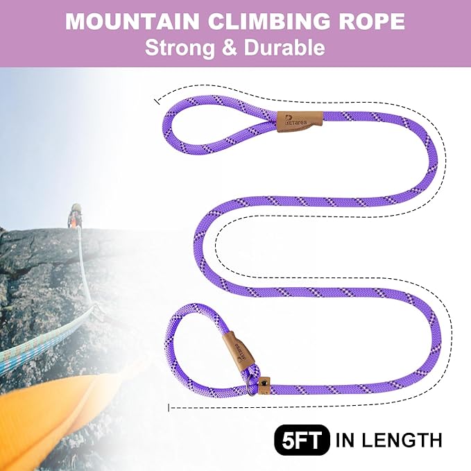 5 FT Slip Lead, Heavy Duty Rope Leash for Small to Large Dogs, No Pull Training Lead with Reflective Thread, Strong Comfortable Loop (Purple Stripe, Medium(3/8"))