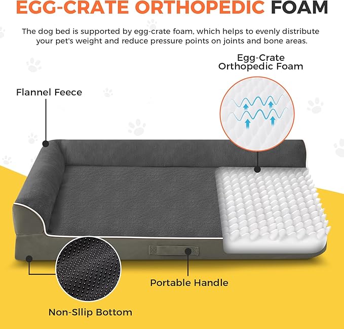 Dog Bed Large Sized Dogs, XXL Orthopedic Dog Bed for Large Dogs, Waterproof Pet Bed with Washable Removable Cover, L-Shaped Pet Couch with Portable Handle 48"x35"x7.5", Olive Green