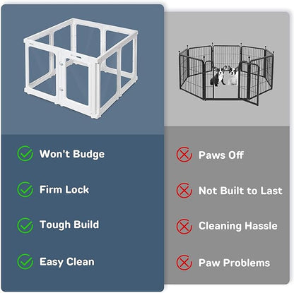 Jalove Clear Dog Playpen Indoor, 24" Acrylic Plastic Pet Play Pen with Door, Playpen for Puppy Cat Rabbit Ferret, Easy to Install Preferable Playpen for Small Dogs, Customizable, White 8 PCS