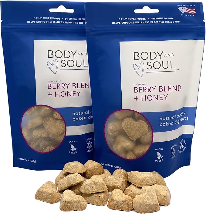 Body and Soul Berry Blend + Honey Crunchy Premium Training Dog Treats Superfood Oven Baked Biscuits Oats Barley & Quinoa - Clean Natural Plant Protein, No Additives No Fillers Made in USA 2Pk (20oz)