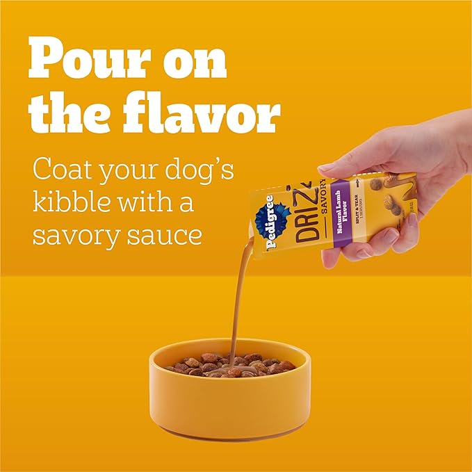 Pedigree Drizzlers for Dogs, Wet Dog Food Gravy Savory Sauce, Natural Lamb Flavor, 60g Dual-Serving Pouch (22 Count, 44 Servings Total)
