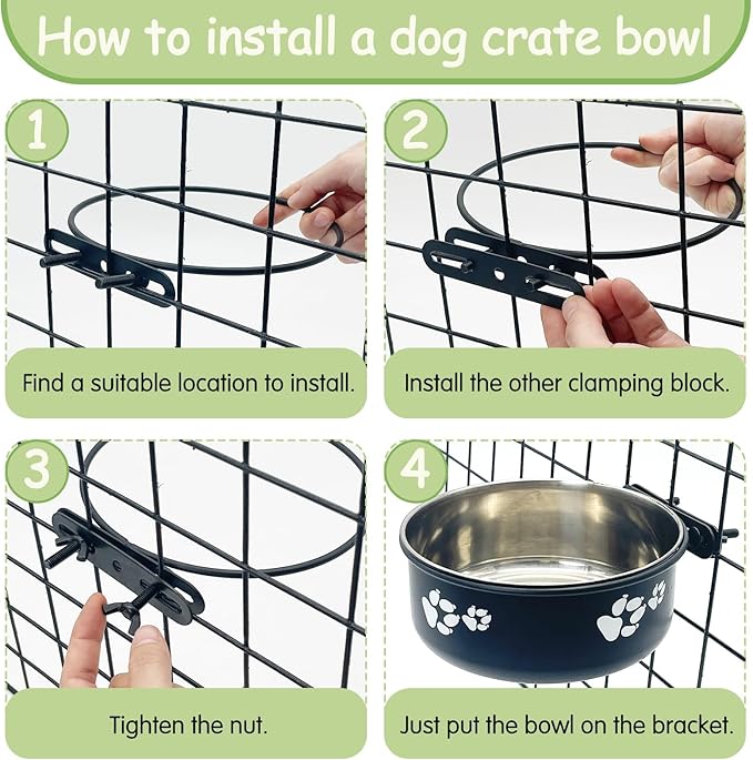 Kathson 2 Pack Dog Kennel Stainless Steel Crate Bowl, No Spill, Hanging Metal Pet Food Bowl Feeder for Cats Small Medium Dogs (Black)