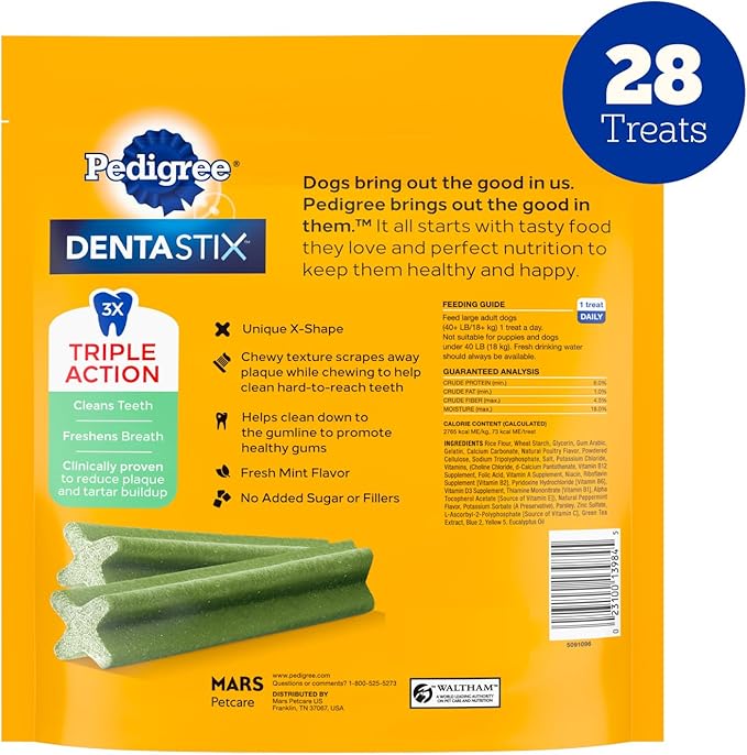 Pedigree Dentastix Dog Dental Treats, Large Breed Dog Treats, Fresh Flavor, 1.46 lb. Bag (28 Treats Total)