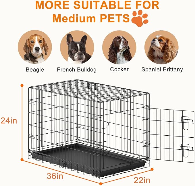 FDW 36" Foldable Metal Dog Crate with Leak-Proof Tray for Medium Dogs, Black