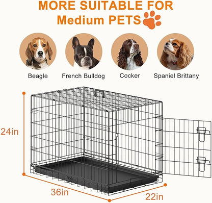 FDW 36" Foldable Metal Dog Crate with Leak-Proof Tray for Medium Dogs, Black