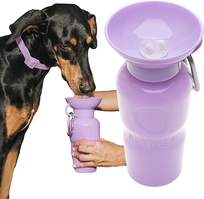 Springer Dog Water Bottle | Portable Travel Water Bottle Dispenser for Dogs - As Seen on Shark Tank | Patented, Leak-Proof Bottles Fill Bowl with Water - Ideal for Walking | BPA-Free 22oz Lilac