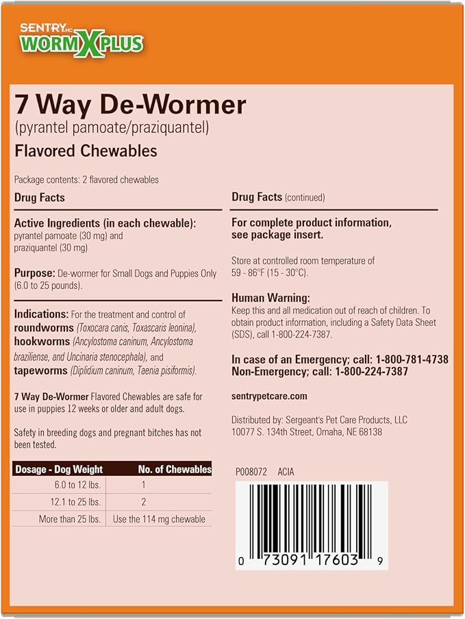 Worm X Plus 7 Way De-Wormer Chewables for Dogs - Tablets for Small Dogs & Puppies (6-25 lbs) (pyrantel pamoate/praziquantel), 2 Count