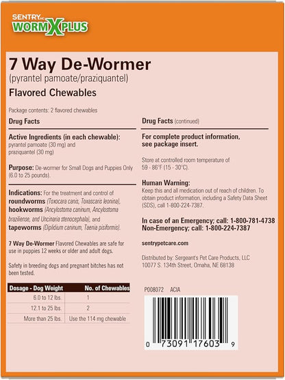 Worm X Plus 7 Way De-Wormer Chewables for Dogs - Tablets for Small Dogs & Puppies (6-25 lbs) (pyrantel pamoate/praziquantel), 2 Count