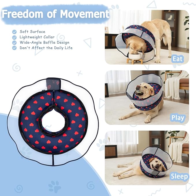 Inflatable Dog Cone Collar with Enhanced Anti-Licking Shield – Soft Adjustable Recovery Collar for Dogs & Cats After Surgery – Fits Large, Medium, Small Pets (Blue Love, Small)