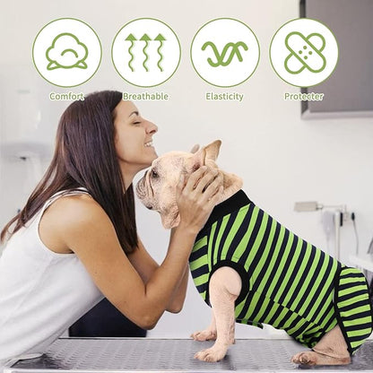2 Packs Breathable Cotton Dog Recovery Suit for After Neuter Spay Abdominal Wounds Protector, Professional Anti-Licking Onesies for Male Female Pets Surgery Bandages, L Blue & Green Stripes