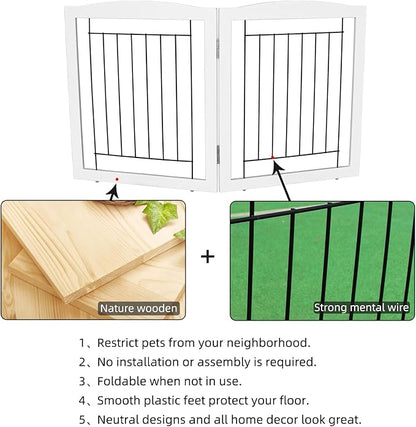 ZJSF Freestanding Foldable Dog Gate for House Extra Wide Wooden White Indoor Puppy Gate Stairs Pet Gates Doorways Pet Gate Tall Dog Fence 2 Panels