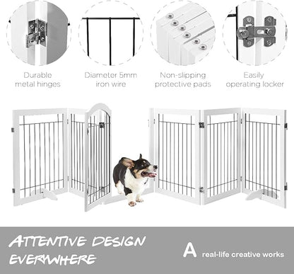 PAWLAND 144-inch Extra Wide 30-inches Tall Dog gate with Door Walk Through, Freestanding Wire Pet Gate for The House, Doorway, Stairs, Pet Puppy Safety Fence, Support Feet Included, White,6 Panels