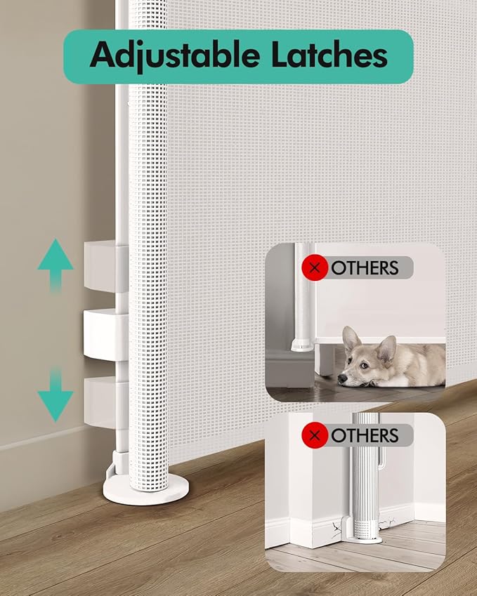 Retractable Baby Gates, Mesh Dog Gate for Doorways, 33.6" Tall, Expands to 71" Wide,Pet Safety Essential Fit for Baseboards, Wide Toddlers Gates for Hallways, Indoor & Outdoor,White