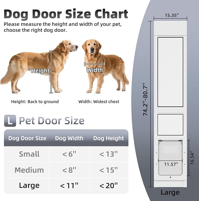 Dog Door for Sliding Glass Door with Magnetic Plastic Flat, Sliding Door Pet Doggie Door Insert with Lock, Adjustable Height No-Cut Required Doggy Door Access Renters, Apartments, Patio (White, L)