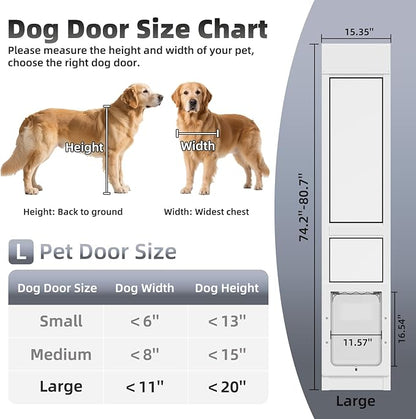 Dog Door for Sliding Glass Door with Magnetic Plastic Flat, Sliding Door Pet Doggie Door Insert with Lock, Adjustable Height No-Cut Required Doggy Door Access Renters, Apartments, Patio (White, L)