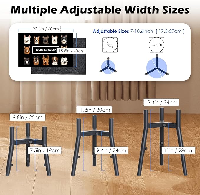 Raised Dog Bowl Stand for Large Dogs, with mat, Adjustable Height & Width, fits 7-10.7" Bowls, 3 Height Sets,Without Bowl