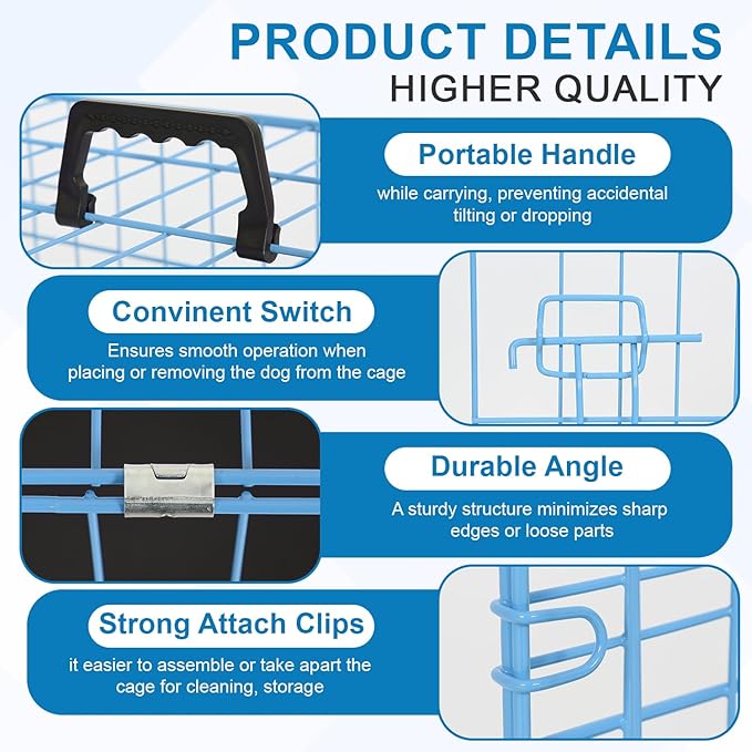 Dog Crate, Wire Kennel with Divider Panel, Metal Cages with Double Door, Leak-Proof Pan Tray, Folding Portable Pet Dog Cage for Indoor Outdoor Travel (Blue, 48")