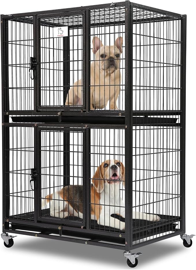 Homey Pet 31 Inch Two Tiers Heavy Duty Dog Crate Cage Kennel with Four Lockable Wheels, Removable Tray, Escape Proof Wire Drop Dog Crates for Small Dogs