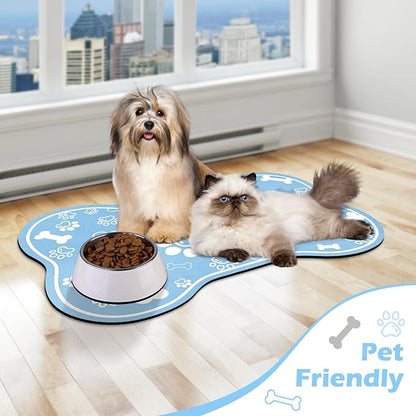 Dog Cat Mat for Food and Water,Rapid Absorbent Pet Feeding Mat, Bone Shaped Dog Placemat Bowl Mat with Rubber Backing,No Stains Pet Food Mats Indoor, Pet Accessories Supplies,Blue 23"×36"