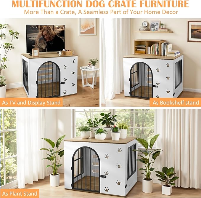 32" Dog Crate Furniture for Small Medium Dogs, Heavy Duty Wood Metal Indoor Dog Kennel with Bowls, Decorative Pet Cage Dog House as TV Stand, White & Wood