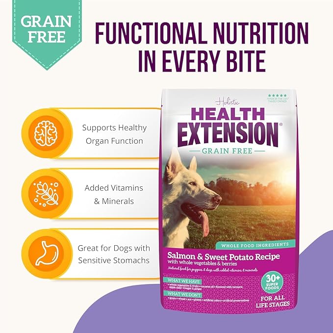 Health Extension Grain Free Salmon & Sweet Potato Dry Dog Food - 30+ Superfoods and Probiotics for All Life Stages (4 lb)