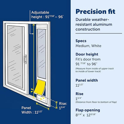 PetSafe Sliding Glass Pet Door - No-Cut DIY Install Doggy Door for Renters - Aluminum Frame - Adjustable Height 91 7/16" to 96" - Ideal for Medium Dogs Up to 40 lb - White