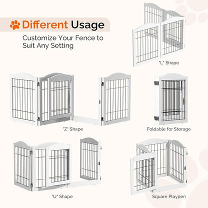 Bonnlo Freestanding Dog Gate, 24" H Pet Gate with 4 Panel Walk Through Door, Foldable Dog Safety Fence for Stairs Doorways Fireplace Up to 146'' Wide (White, 24" H-4 Panels with Door)