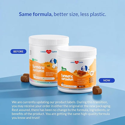 Turmeric Curcumin for Dogs - 90 Soft Chews - with Collagen, BioPerine and Fish Oil - Hip & Joint Support, Ease Inflammation, Antioxidant.