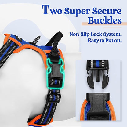 rabbitgoo Dog Harness No Pull with 2 Leash Clips, Adjustable Soft Padded, Reflective Oxford No Choke Pet Vest with Easy Control Handle for Medium Sized Dogs, Blue & Orange, M