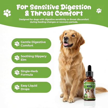 Slippery Elm for Dogs Liquid Drops, Organic Slippery Elm Bark Extract for Digestive & Throat Comfort, Bacon-Flavored Herbal Dog Supplement, 2 fl oz