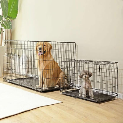 Dog Crate Kennel, 36 Inch Metal Pet Cage Double Door W/Divider Panel, Folding Travel Indoor Outdoor Dog Kennel Leak-Proof Plastic Tray Wire Animal Cage