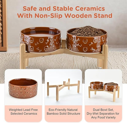 SPUNKYJUNKY Elevated Dog Bowls Ceramic, 7.3'' Dogs Food Water Bowls Raised with Non-Slip Bamboo Stand for Medium to Large Sized Breed Microwave Dishwasher Safe - 42 OZ,Skull Bronze