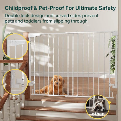 Cumbor 34" Extra Tall Baby Gate for Stairs, Wall-Mounted (Drill Required), Expandable 31.6-48" No Bottom Bar Dog Gate Indoor for Larger Pets, Large Walk Thru Door for Easy Access (White)