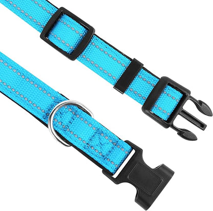 Reflective Dog Collar, Adjustable Soft Neoprene Padded Nylon Pet Collars with Buckle for Extra Large Dogs, Sky Blue,XL